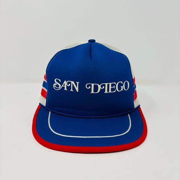 Vintage 3 Stripe 90's Trucker Hat Cap Snapback San Diego California Blue Red - Picture 2 of 7